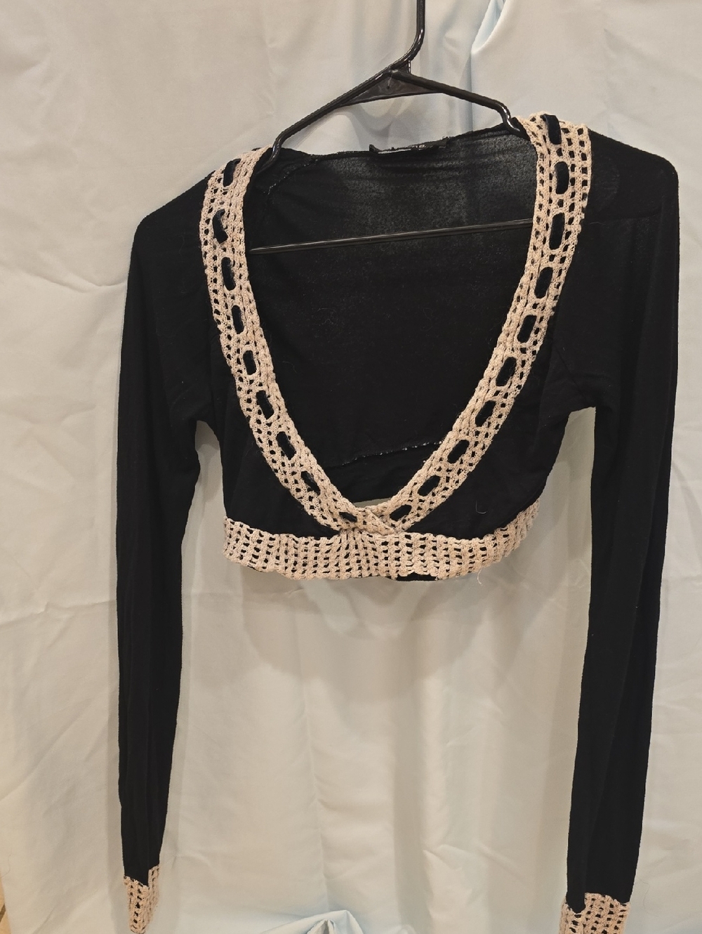 Arden B Black Cropped Long-Sleeve with Cream Crochet Accents